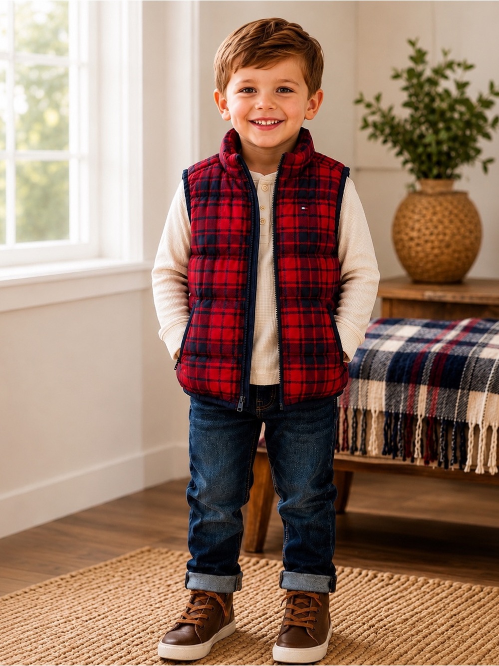 Tommy Hilfiger Toddler Boys 3T Red Navy Plaid Lightweight Puffer Zip Vest Winter